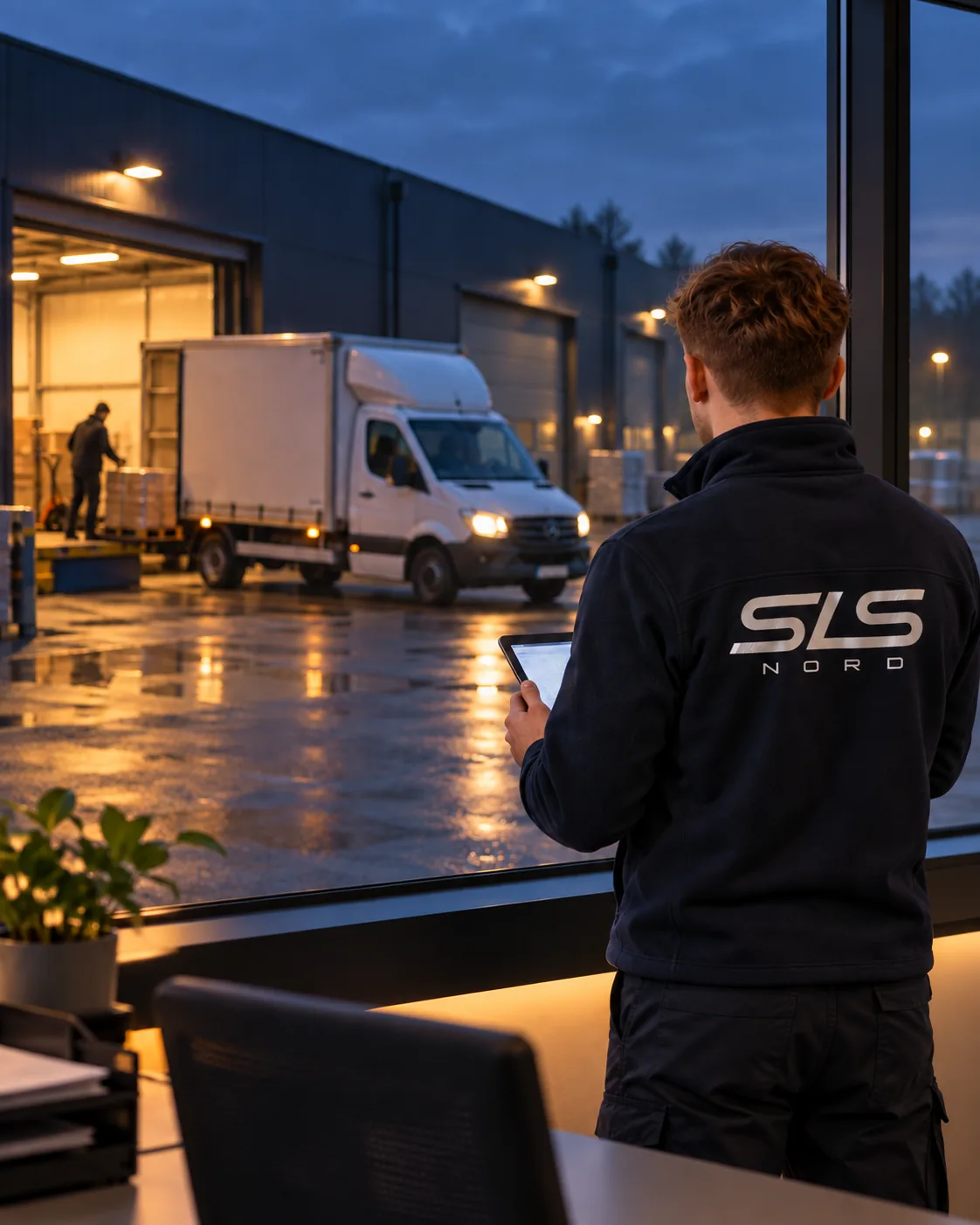 Disponent von SLS Nord mit Firmenjacke und Tablet am Abend am Fenster, draußen wird ein LKW an der Laderampe beladen