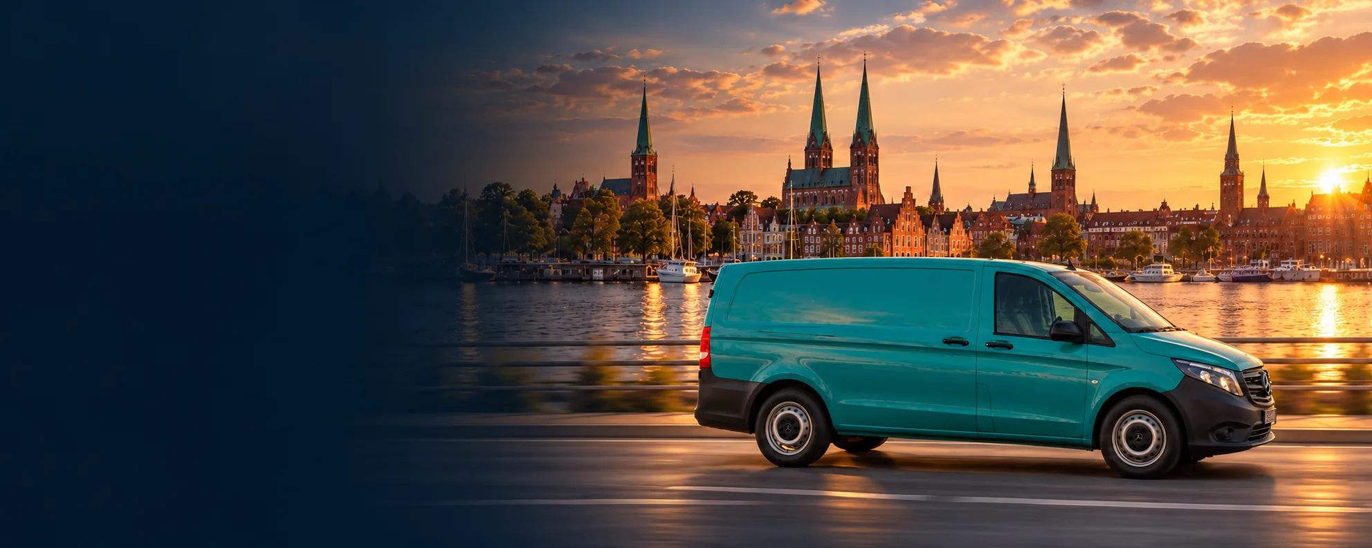 Vito Kastenwagen von SLS Nord unterwegs vor der Lübecker Altstadt im Abendlicht