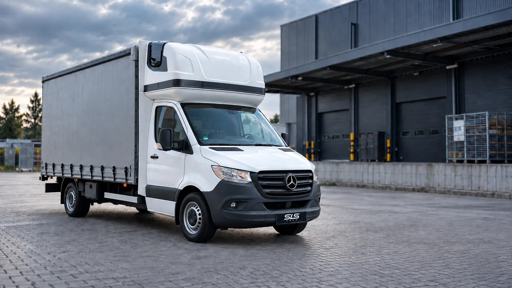 LKW bis 3,5 t mit Planenaufbau von SLS Nord vor einer Laderampe