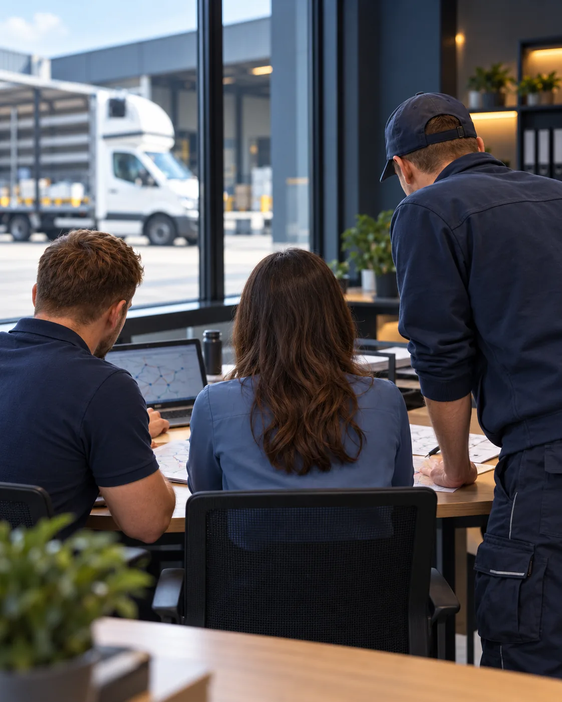 Team von SLS Nord bei der Tourenplanung im Büro, draußen ein LKW an der Laderampe