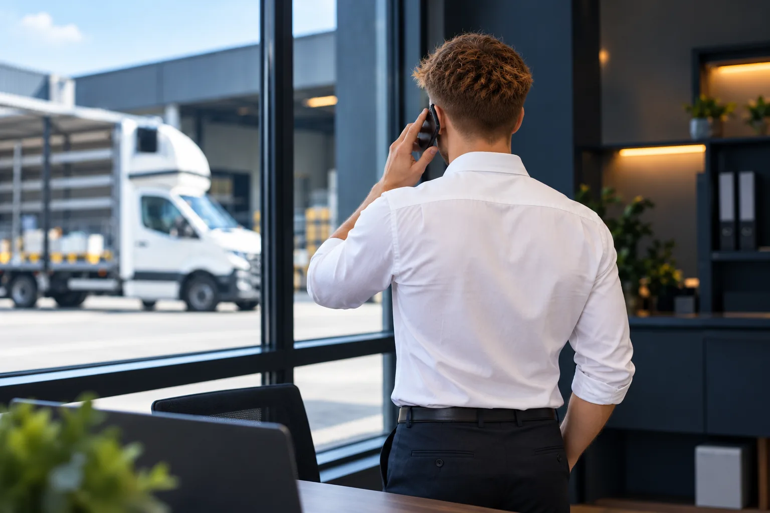 Disponent von SLS Nord am Telefon am Fenster, draußen ein LKW an der Laderampe