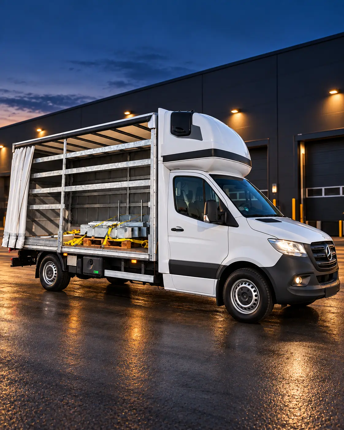 LKW von SLS Nord mit geöffneter Plane und verzurrter Ladung am Abend vor der Laderampe
